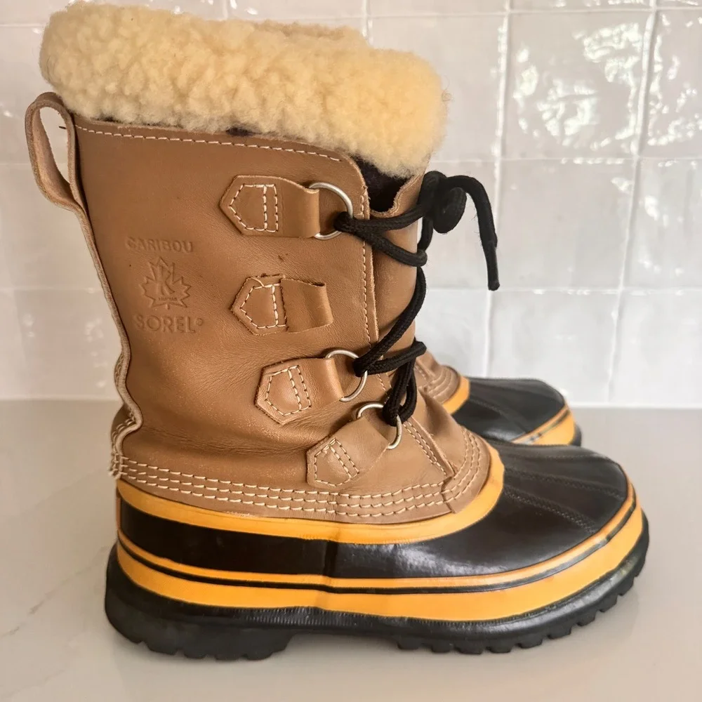Sorel Caribou Winter Boots Women 6 Tan Waterproof‎ Leather Shearling Fleece READ